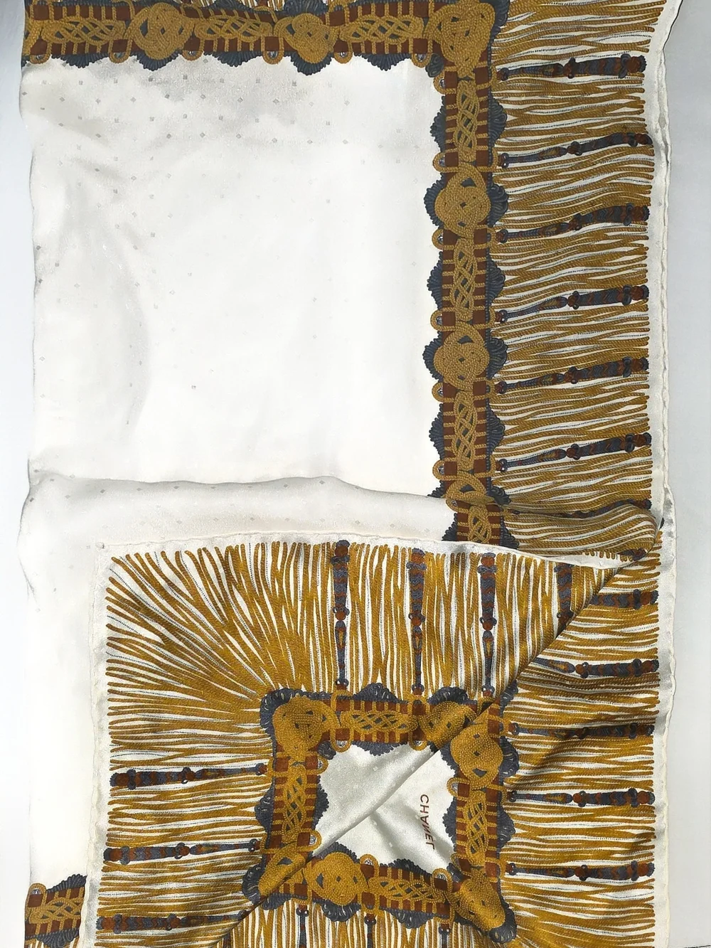 CHANEL Gold, Navy & Ivory Silk Scarf